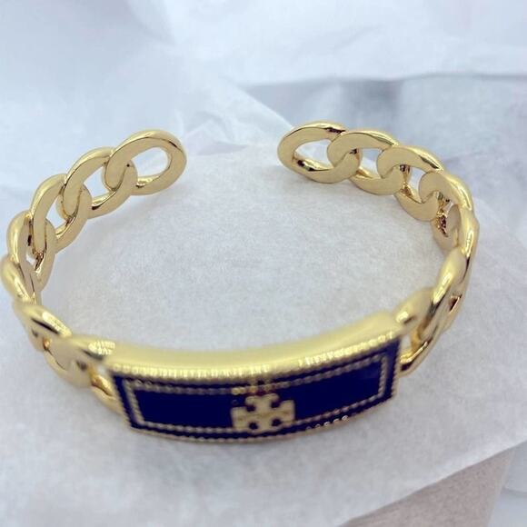 NWOT Tory Burch Chain Link Black,Gold Cuff Bangle Bracelet - Picture 4 of 8